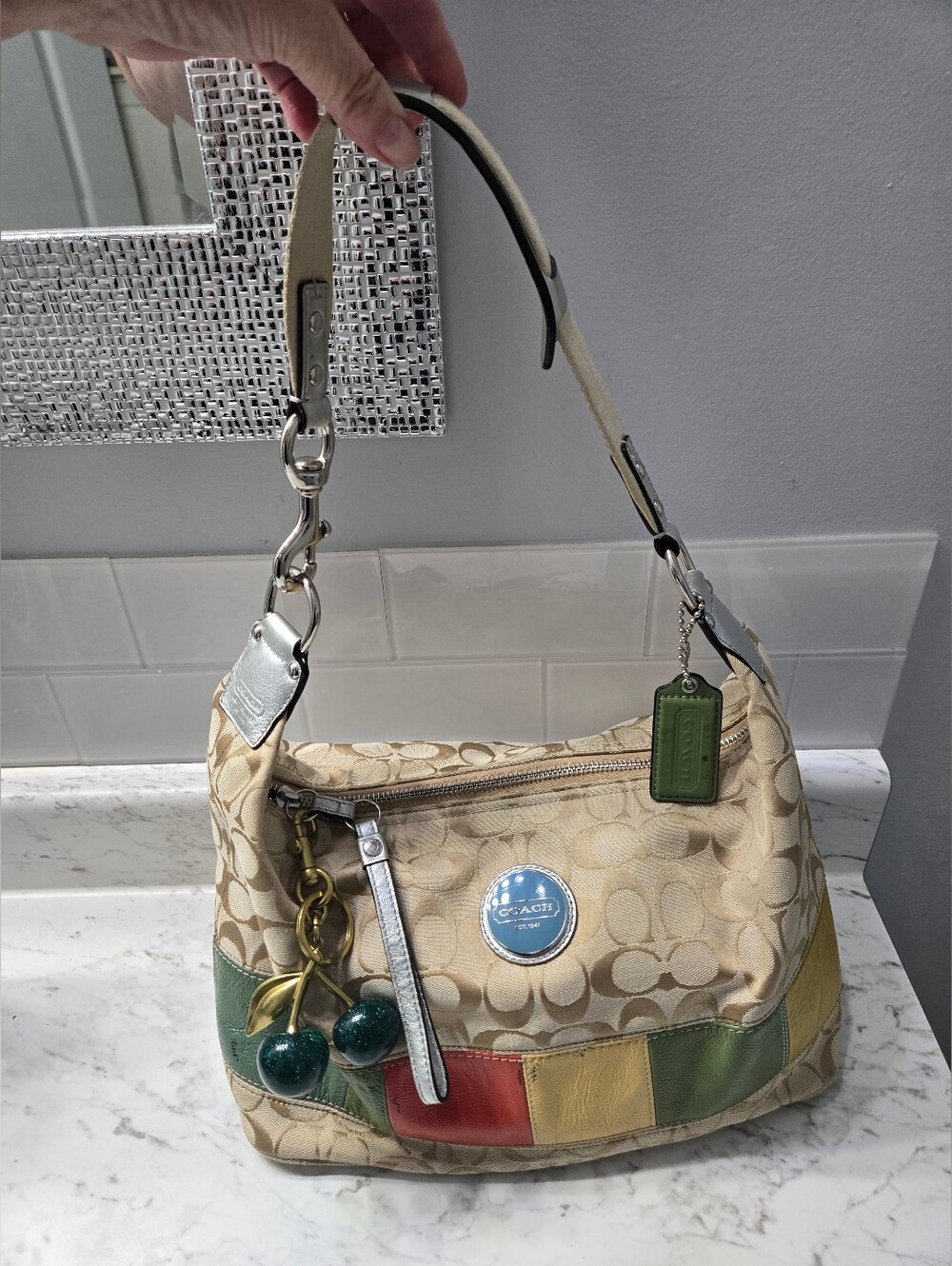 Coach Beige Signature Canvas Shoulder Bag with Multicolor Patchwork and Charm
